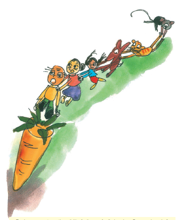 A mouse, a dog, a cat , the old man, the old woman and their granddaughter are trying to pull out the carrot.