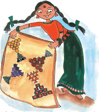 A girl has made a design with bindis on a paper. There are eight groups of bindis, with ten bindis in each group.
