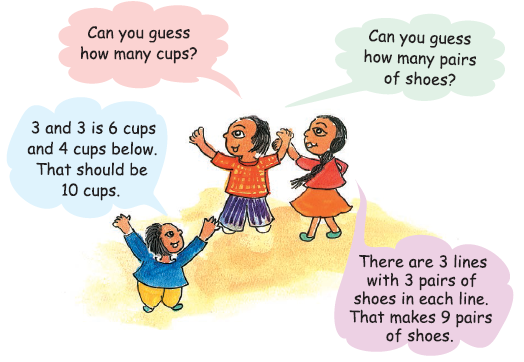 There are two boys and one girl, one boy is asking the total number of cups and the other boy calculates and tell. Then , the boys asks the total number pf pairs of shoes, the girl calculates and tell.