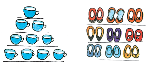The first image shows some cups placed one over another. There is one cup in the first row, two cups in the second row, three cups in the third row and four cups in the fourth row. The second image shows some pairs of shoes arranged in rows. There are three pairs of shoes in the first row, three pairs of shoes in the second row and three pairs of shoes in the third row.