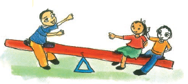 The boy is sitting on the one side of the see saw and a girl and a boy on its other side.
