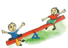 The boy is sitting on the one side of the see saw and a girl on its other side.