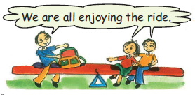 The boys is sitting with his bag on one side of the see saw and a girl and another boy are sitting on its other side.