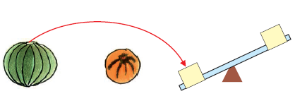 A watermelon, an orange and a see-saw.