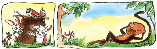The first image shows two rabbits standing around a bag full of carrots. The second image shows a monkey sleeping near a tree.