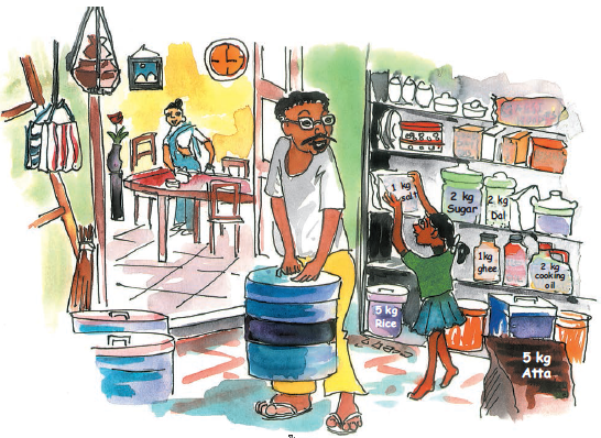 A man is  carrying a big container from a store of the house and a little girl is picking  up a packet of salt. There are many more things in the store like packs of sugar, dals ,ghee, rice etc. and some big containers also.