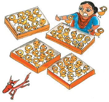 There are four baskets of chickens, with ten chicken in each basket. Three chickens are out of the basket.