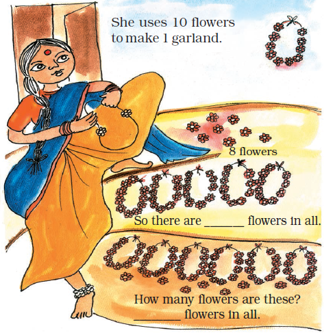 A woman is making garlands using flowers. Eight flowers are lying separately.