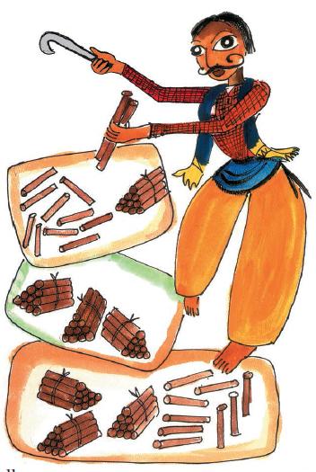 There is a man holding two sticks in one hand and an axe in the other hand. There are seven bundles, with ten sticks in each bundle. Two groups of sticks, with ten in each group are lying untied on the floor.