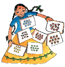 A girl has seven packets of bindis in total and each packet has ten bindis.