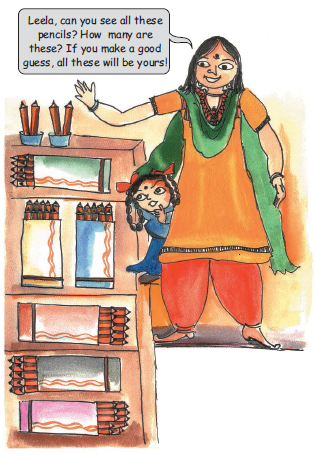 There is a woman and a little girl standing near a cupboard. In the cupboard, there are six packets of pencils with ten pencils in each packet and four pencils are outside the packets.