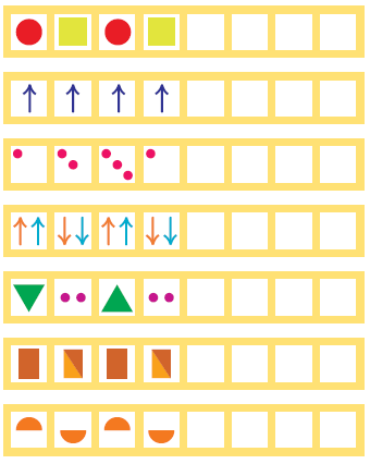 There are some patterns in rows. The first row shows a circle, then a square, then a circle, then a square and then blank space. the second row shows an arrow pointing up and then the pattern is repeated. The third row shows one dot in the first box, two in the second, three in the third and one in the fourth and then blank space. The fourth row starts with two arrows pointing up and then two arrows pointing down, then again up, then down, then there is blank space.The fifth row starts with an inverted triangle, then two dots, then a triangle, then again two dots and then blank space. The sixth row shows a brown rectangle, then a rectangle half colored yellow and half brown, then the pattern repeats and after that is blank space.The last row shows the upper half of a circle, then the lower half of the circle, then the pattern repats and then there is a blank space.