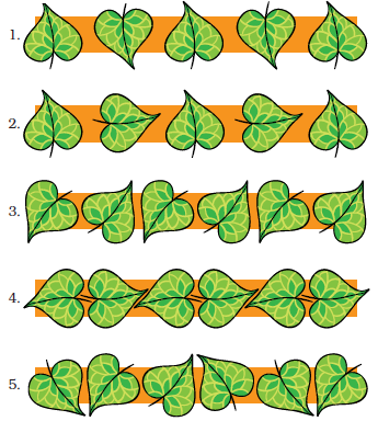 In the first row, first a leaf is placed straight then upside down and then the pattern repeats. The second row starts with a leaf placed straight, then it is turned to right and the pattern repeats. The third row starts with a leaf placed upside down and tilted towards the left and then it is straight and tilted to the right and then the pattern repeats. The next row shows one leaf placed facing the left and then the next leaf is placed facing the right and then the pattern repeats. The last row shows a leaf placed downwards and tilted to right and the next leaf is facing downwards and it is tilted to the left and then the pattern repeats. 