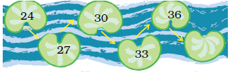 Some numbers are written on shells. Twenty four is written on the first shell, twenty seven is written on the second shell, thirty is written on the third, thirty three is written on the fourth, thirty six is written on the fifth and the sixth shell is blank.