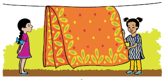 Two girls are looking at a saree, hanging from a rope. It has leaves drawn on its borders.