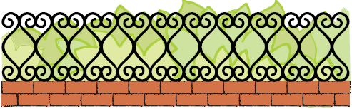 A pattern made by iron grills on the boundary walls of a park. The pattern has curves on the top and the bottom and a shape like barfi in the middle.
