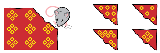 A pattern using four small four sided figures arranged together is drawn on a piece of paper, a part of the paper is torn by a mouse. Some pieces are given to be matched with it.