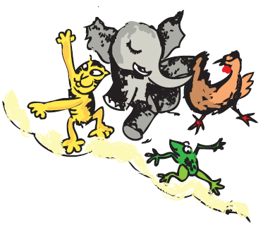 A baby elephant, a hen, a frog and  a baby lion.