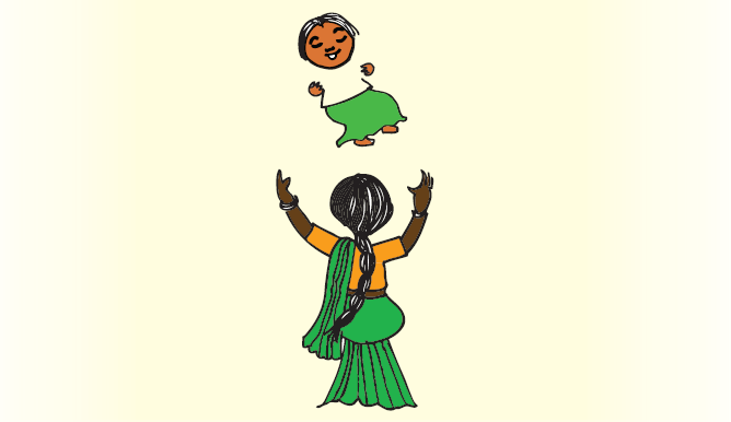 An incomplete picture of a girl and a woman. Guidelines are given to complete it.