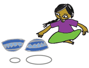 A girl has made two traces of a bowl, one from its base and the other from the boundary of its rim.