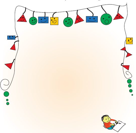 A box, at one corner of it, a child is drawn, who is writing in a notebook. On the borders, there is a design made using shapes circle, square, triangle and rectangle.