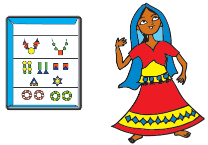 There is a girl and her jewelry box,  inside which there are some necklaces, earrings and bangles made using different shapes like a circle, rectangle, square and triangle.