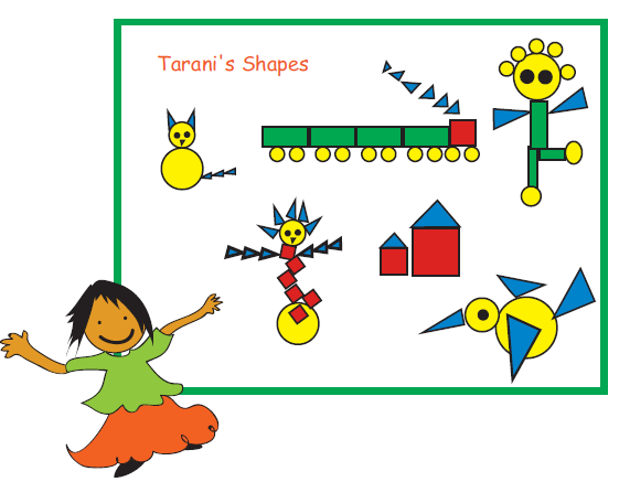 A girl has made a picture using different shapes like circle, rectangle, square, triangle. There is a cat, a train, a duck and a man.