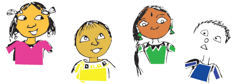 There are two girls and one boy with round shaped faces and another boy's square face is to be drawn.