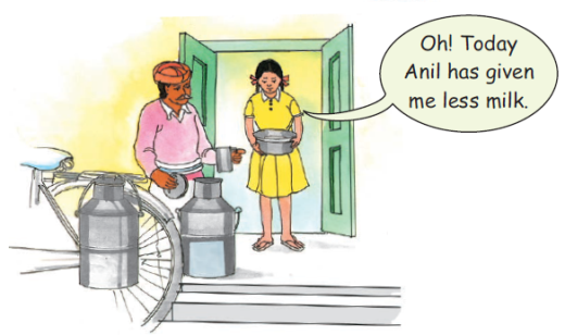 A milkman is standing with his bicycle and two big containers of milk outside a girl's house. The girl with a pot in her hand is looking at it and thinking that the milk in the pot is less.