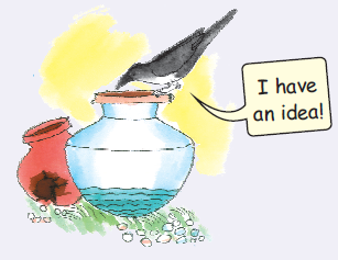 A crow is sitting on the rim of a pot, filled with little water. There is one more pot kept near it and some pebbles are lying nearby too.