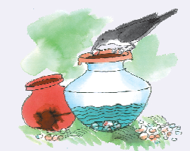 The crow is putting pebbles in the pot filled with little water.
