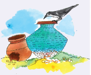 The water in the pot came up and the crow is sitting on its rim.