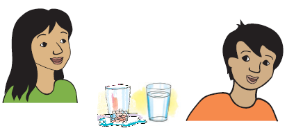 There is a girl and a boy and between them, two glasses are kept, one with water and the other with tamarind seeds put in  it.