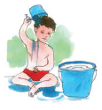 A child is bathing using a mug and bucket full of water is lying near him.
