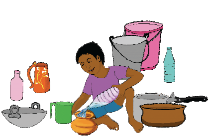 A boy is putting water in a pot with a bottle. A wok, a vessel, a jug, a pressure cooker and two buckets are also kept there.