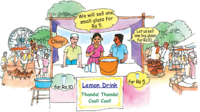 There is a fair in which there are many stalls and swings. In the middle, there is a stall in which two men and one woman are selling lemon drink. There is a bucket full of drink kept on the table and a big glass and a small glass are also kept on the table
