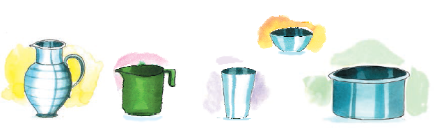 A jug, a mug, a glass, a bowl and a pot.