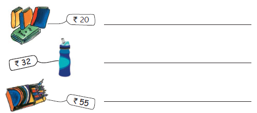 There are three books and a price label of rupees twenty is attached to them and a blank is given for the answer. There is a box of colors and a price label of rupees fifty five is attached to it and a blank is given for writing the answer.There is a water bottle and a price label of rupees thirty two is attached to it and a blank is given for the answer.