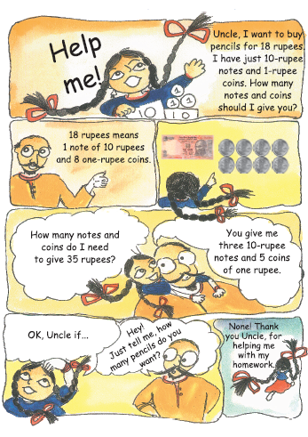 A girl is asking a man how many ten rupee notes and one rupee coins will make eighteen rupees and thirty five rupees.