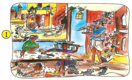 There are so many rats in a village. Inside the houses, on the light, on the table, on the floor, in the pots, in the windows, there are rats everywhere. Outside the houses also, there are rats and the children, men and women in the houses and outside, are trying to catch them but the rats are running.