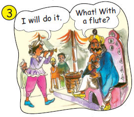 A man with a flute in his hand, is saying that he will do it and  the king is surprised. 