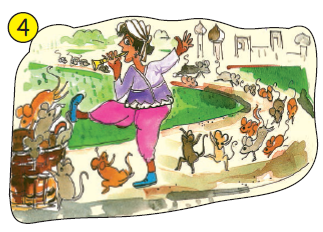 The flute man is playing the flute with his mouth and the rats are running behind him and he is then pushing them in the basket.