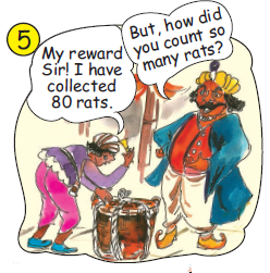 The flute man is giving the basket full of rats to the king and the king is asking him that he did he count so many rats.
