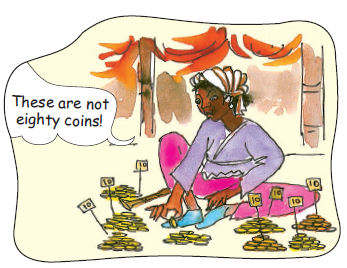 The flute man has made groups of coins. There are seven groups, with ten coins in each group. The flute man is surprised that the coins are not eighty.