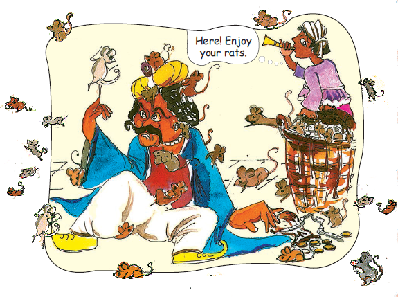 The flute man has returned the basket full of rats to the king. The basket is open and the rats have surrounded the king from all sides.