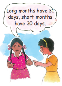 A girl is telling another girl that long months have thirty one days, short months have thirty days.