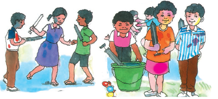 Few children are celebrating Holi, they are putting water and colors on each other and they are carrying water guns in their hands and are refilling them from a bucket of water.