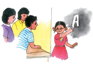 A girl is teaching few children of her class. She is writing letter A on the blackboard.