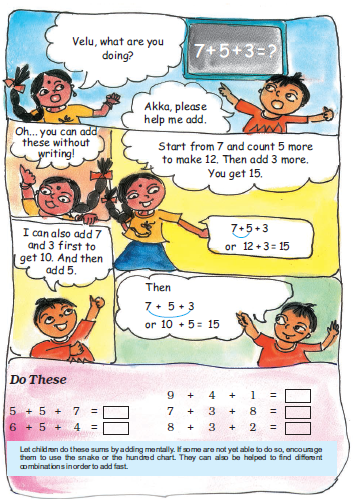 A conversation between Velu, a girl and Akka, a boy about the additions sums given in the text below. The conversation is also given below.
