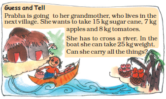 There are few trees and some baskets of fruits are lying there. Besides that, there is a river, in which a woman is riding on a boat carrying a basket of fruits. On the other side of the river, there are some huts.